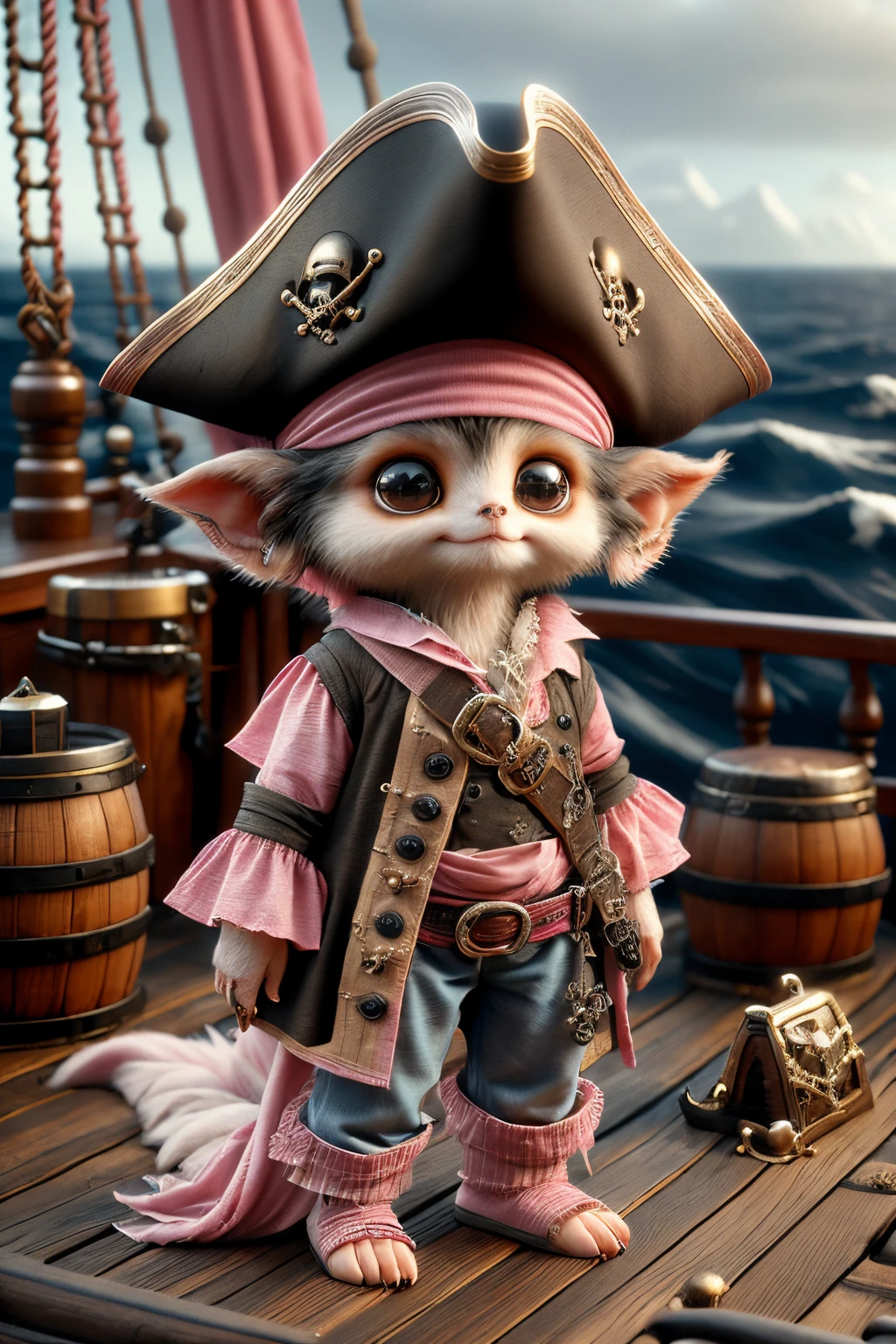 pink female fur pirates, cute female, a mytical animal dressed up as a pirate standing on a deck, next to a chest, on a pirate ship, at sea <lora:ral-furpirates-sd15:1>