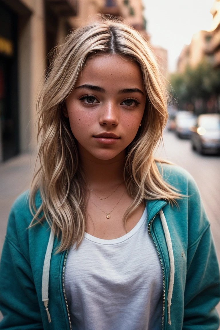 photo of (ldunn3-120:0.99), a woman, perfect hair, posing, (vintage photo, Hoodie), (closeup portrait), (instagram frame), 24mm, (tintype), (analog, film, film grain:1.3), ((in Barcelona, daylight, gritty)), ((detailed eyes)), (seductive pose), (epicPhoto)