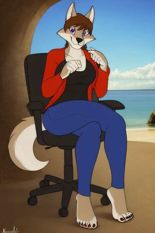 ((masterpiece, best quality, high quality)), 1girl, solo,  (purple eyes, anthro, wolf, huge humanoid feet, 5 toes, barefoot, black claws toe, brown hair),  clothing, pants, detailed background, sitting on the chair, smile face, <lora:chloe_shiwulfV1.2:0.7>