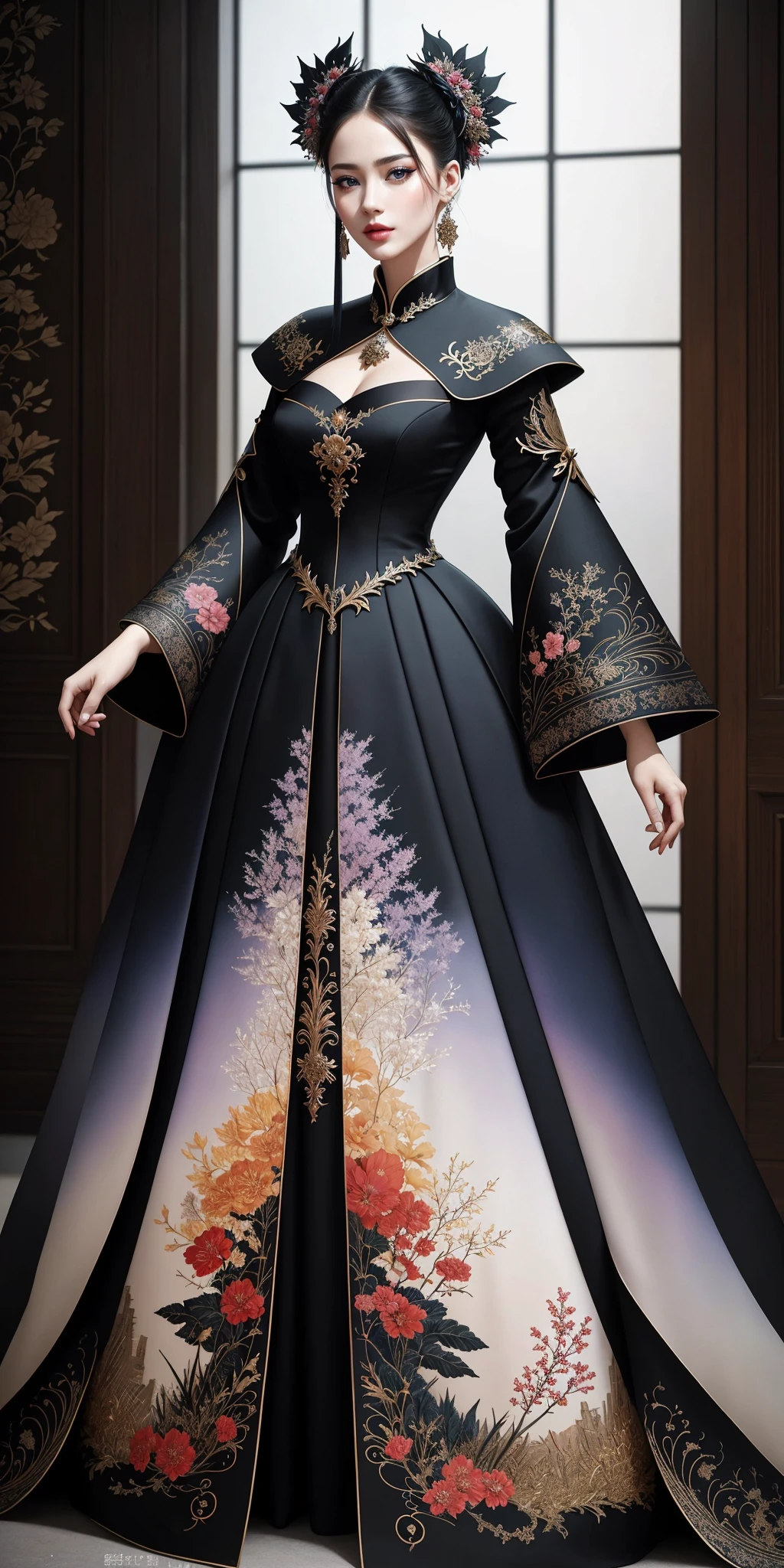((Masterpiece, best quality,edgQuality,full body,standing)),
(wearing Haute_Couture,edgHC_dress),
edgEF, a dress with a fire design on it ,wearing edgEF eastern clothing
<lora:edgEasternFantasyCouture:1>