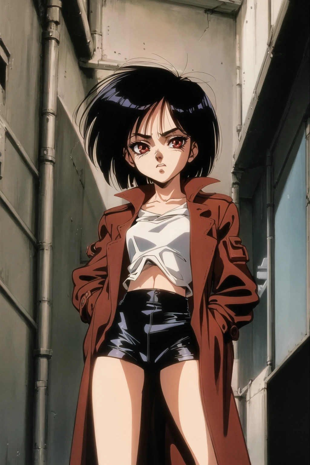 gally, alita, gunnm, battle angel alita, 1girl, solo, short hair, shirt, black hair, red eyes, 1990s (style), brown coat