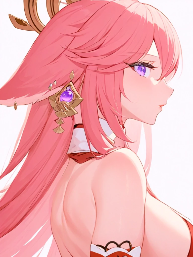 <lora:å
«é:1>,1girl, yae_miko, solo, breasts, pink_hair, long_hair, purple_eyes, large_breasts, looking_at_viewer, bare_shoulders, animal_ears, parted_lips, sideboob, fox_ears, hair_ornament, bangs, japanese_clothes, from_side, upper_body, hair_between_eyes, jewelry, earrings, very_long_hair, white_background