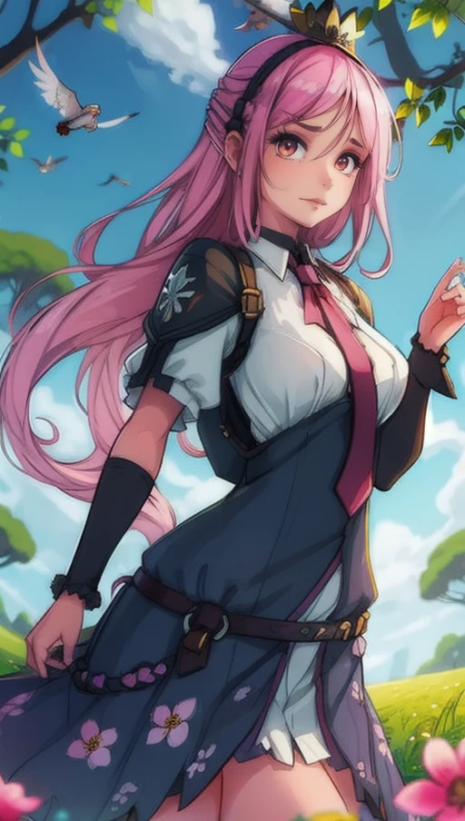 <lora:KrakenKatz-201:0.7>,(kktz:1.2),girl,, (Fantasy world, peace, beautiful background, flowers, trees, sparrow, a vast meadow)