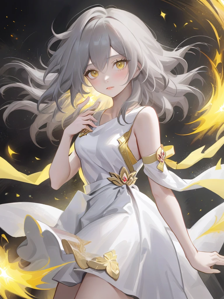 <lora:xl_xing girl3:1>,xing girl,gray hair,medium hair,yellow eyes,white dress,