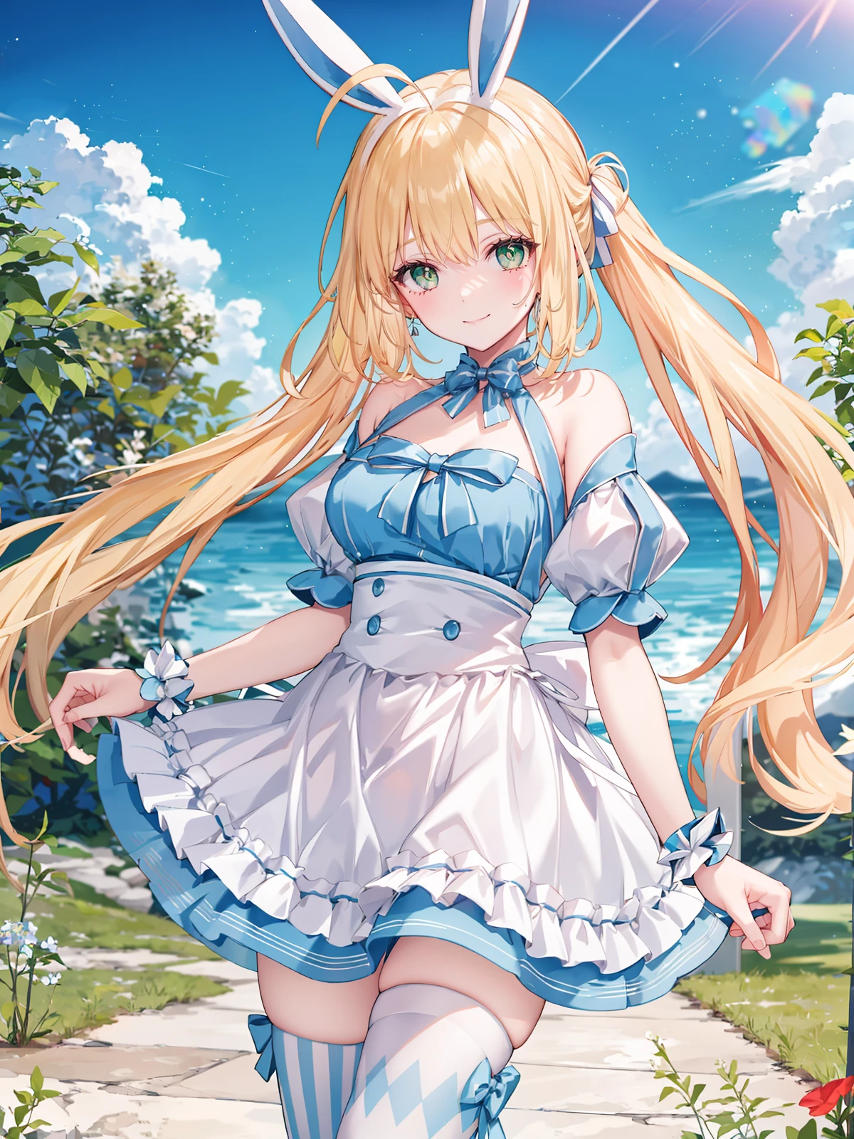 (extremely detailed CG), (best quality), 1girl, perfect face, very long hair,bright pupils, (finely detailed beautiful eyes), green eyes, shiny skin, lustrous skin, wide hips, narrow waist, dress, frills, twintails, ahoge, rabbit ears, striped, thighhighs, mismatched legwear, short sleeves, detached sleeves, puffy sleeves, striped, apron, bow, wrist cuffs, white footwear, smile, depth of field, flower field <lora:ArtoriaCasterSwimsuitSecondAscension:0.8>