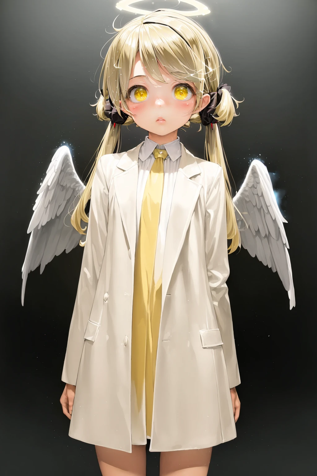 (masterpiece, Best Quality:1.3), (Ultra-detailed:1.3),
1girl in, Solo, (White hair, hair messy, Long hair),
(Angel wings, Angel Halo), flat chest, Yellow eyes,
(White shirt, black necktie, Black coat, Open coat), Cowboy Shot, Cinematic lighting, (((Glowing particles of light))), (arms behind back), Dynamic Angle, (((Petite girl with blonde twin tails))),