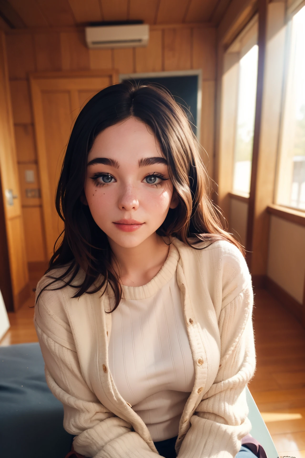 hyperrealistic photo of an edgy pinterest woman, 20 years old, wearing an oversized sweater, happy, dimples, natural look, sunny, soft lighting, emotional, grainy<lora:matildadeangelisv3-000018:1> mtlddea