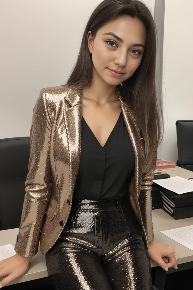 headshot, 1girl, beautiful, sitting at a desk, at a ((office)), BREAK
sequin suit coat, elegant blouse, slacks, BREAK
small breasts, makeup, long straight hair, pale skin, fair skin, white skin, BREAK
<lora:Olga:1>