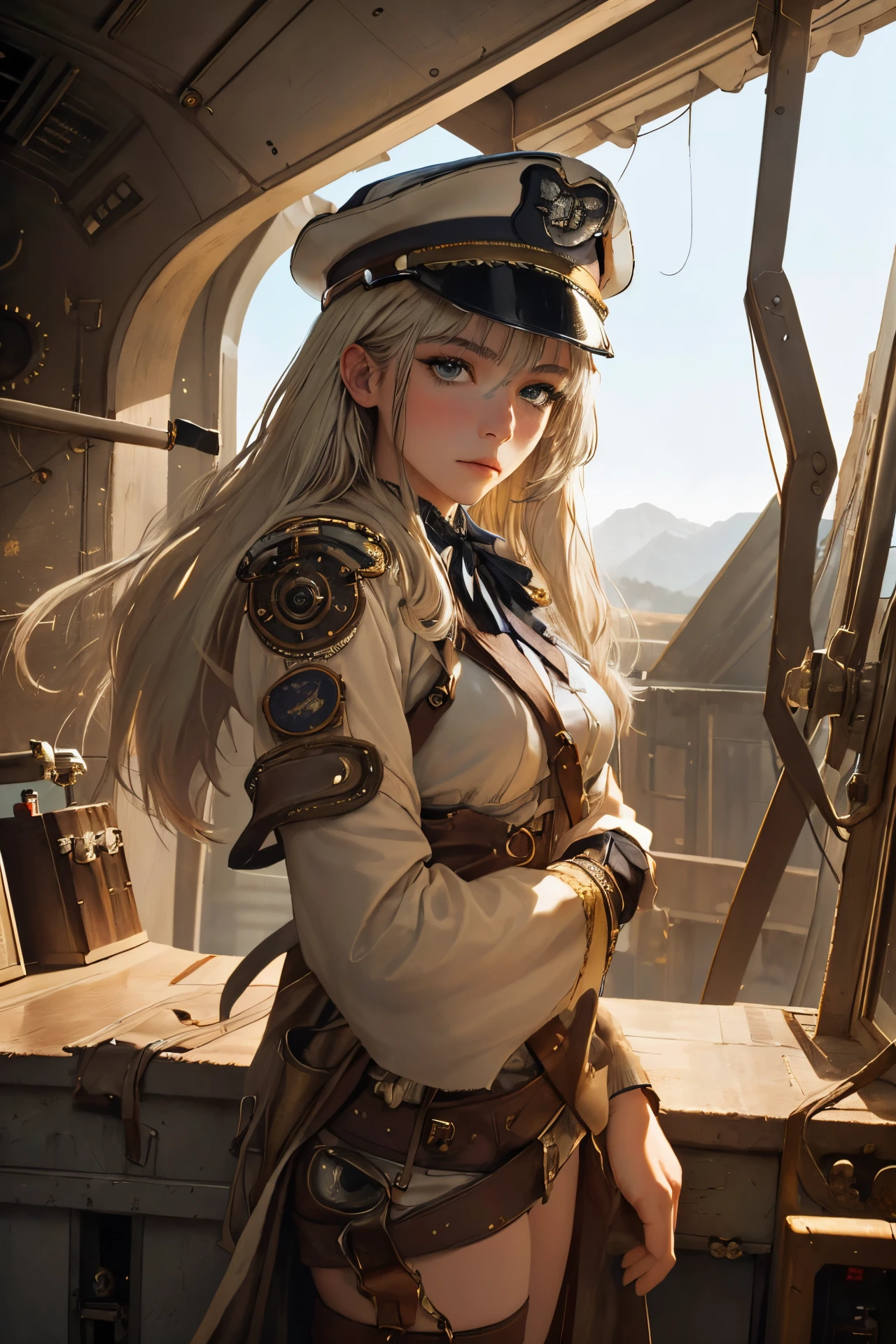 a steampunk-themed artwork featuring a beautiful woman as an intrepid airship captain, ready for adventure, platinum blonde hair, long bangs, award ribbon, military, military hat, major, realistic, closed mouth, cowboy shot,<lora:matildadeangelisv3-000018:1> mtlddea