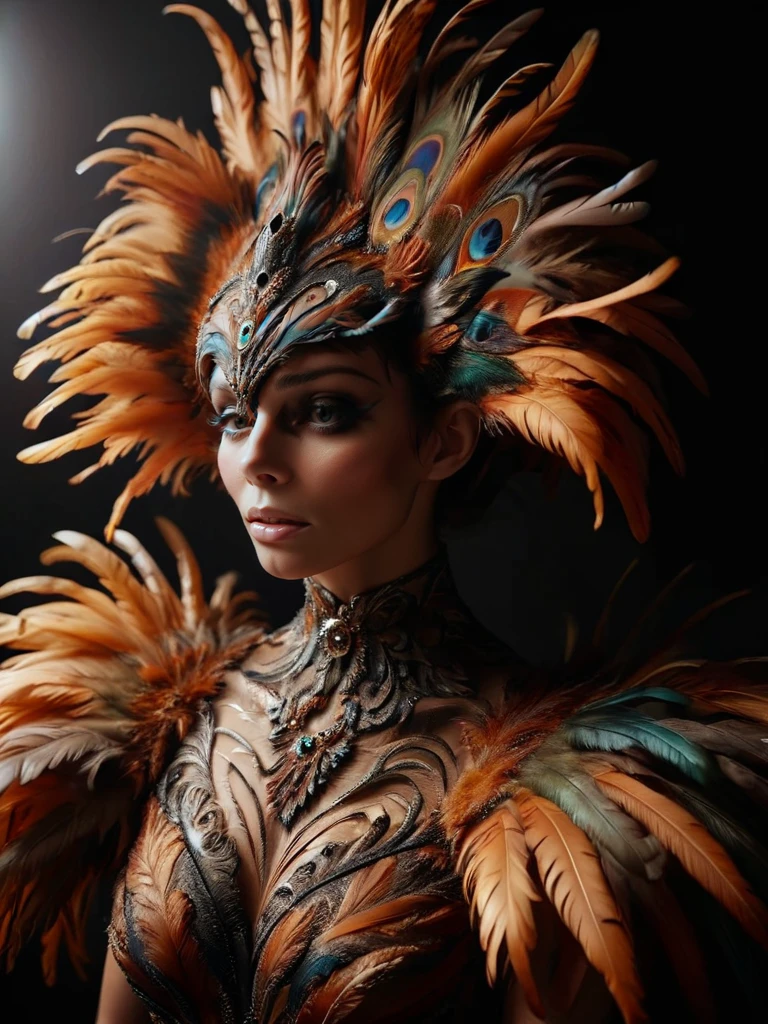 ral-feathercoat, a woman in a feathered costume poses for a picture <lora:ral-feathercoat-sdxl:1> black background, dim warm backlight, ring light