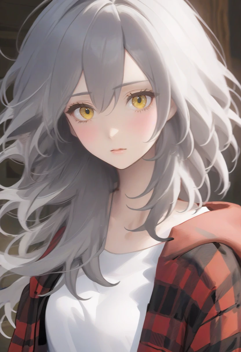 <lora:xl_xing girl3:1>,xing girl,gray hair,medium hair,yellow eyes,flannel shirt, red plaid,