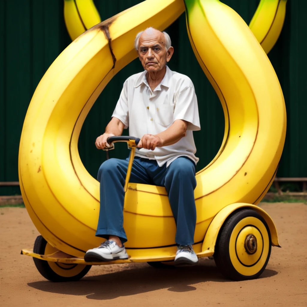 <lora:pandacar_v3:0.5>, (old man:1.1), sit astride, attraction, ground vehicle, handle, realistic, banana_car,
