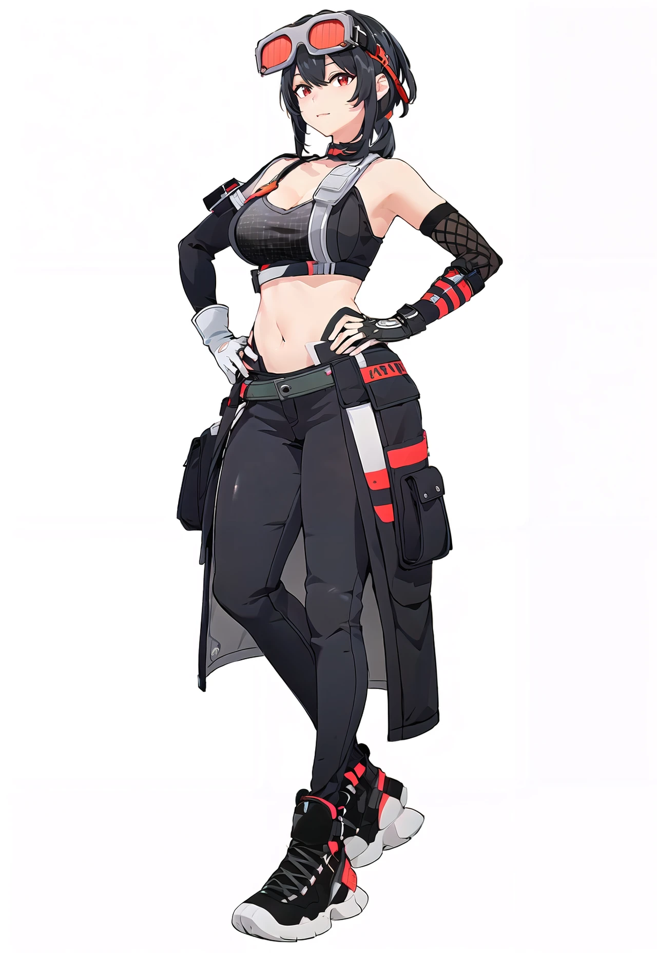8k, best quality, masterpiece, (ultra-detailed:1.1), (high detailed skin),
(full body:1.2), white background, standing, looking at viewer, (solo:1.4), hand on hip,
<lora:grace-v100-000028:0.8>, grace, 1girl, gloves, breasts, black hair, navel, pants, red eyes, sneakers, goggles on head,
(white background, simple background:1.4),
<lora:GoodHands-vanilla:0.55>, ( good hands, nice hands:0.5),
(beautiful_face), ((intricate_detail)), clear face,
((finely_detailed)), fine_fabric_emphasis,
((glossy)), full_shot