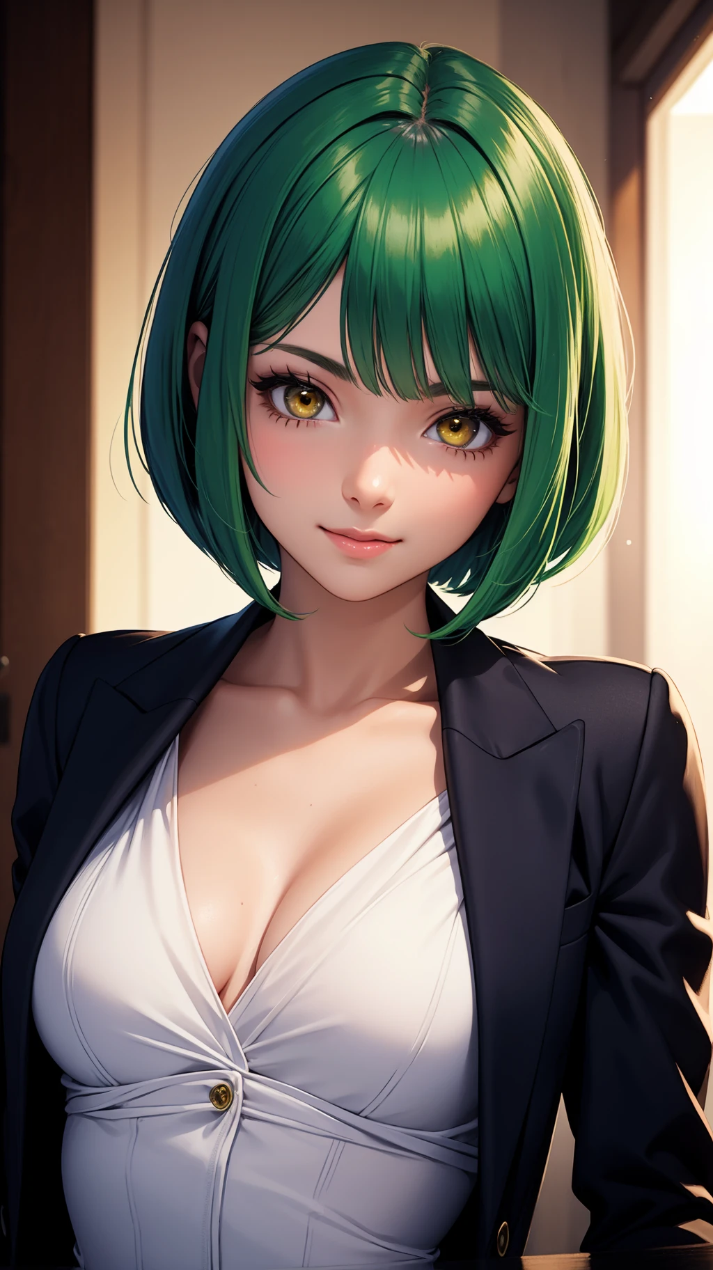 masterpiece, best quality, 1girl, beautiful girl, green hair, bob cut, yellow eyes, suit, happy, looking at viewer