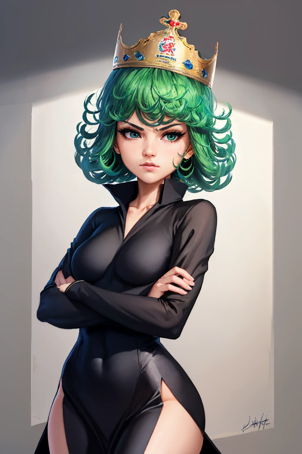 (masterpiece, best quality:1.2), solo, 1girl, tatsumaki, serious, looking at viewer, crossed arms, bkcrown, crown, black dress <lora:opm_tatsumaki:0.8> <lora:attire_burgerkingcrown-17:1>