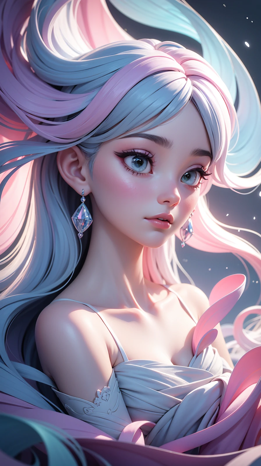 Abstract style hauntingly ethereal portrait of a mysterious figure draped in translucent fabric, crystals adorning their hair, amidst a dreamlike swirl of pastel hues and soft light, evoking a sense of calm serenity and elusive beauty, high detail, award winning masterpiece with incredible details . Non-representational, colors and shapes, expression of feelings, imaginative, highly detailed