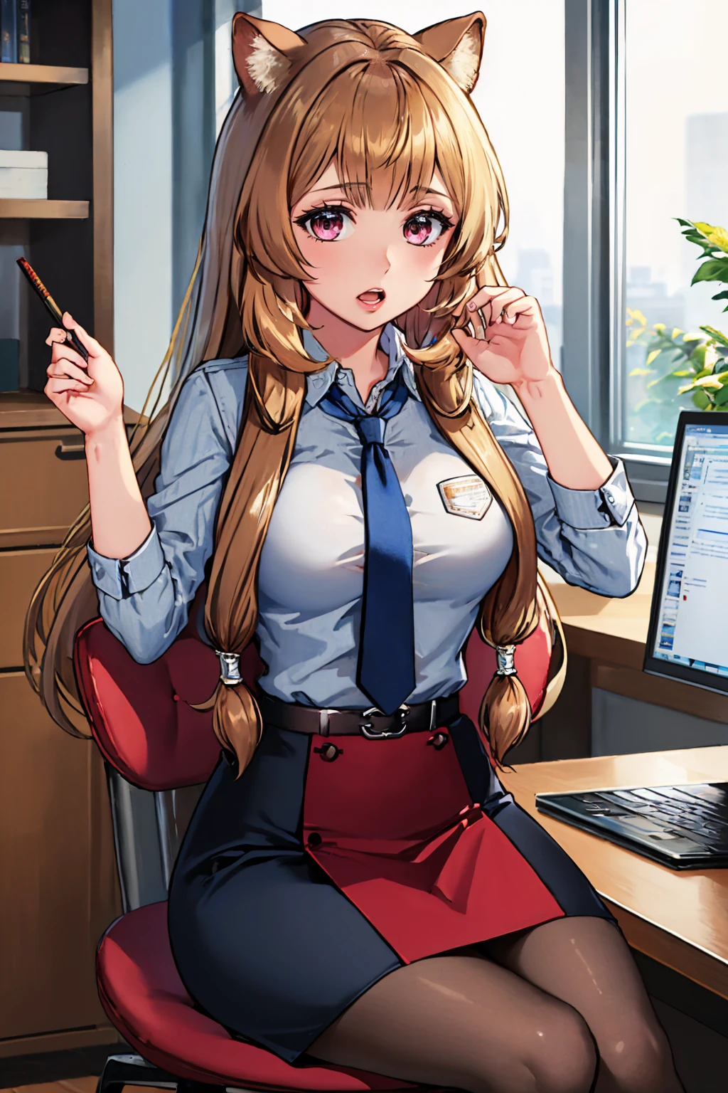(masterpiece, best quality:1.2), solo, 1girl, raphtalia, expressionless, open mouth, looking at viewer, sitting, office chair, formal, collared shirt, necktie, pencil skirt, pantyhose, indoors <lora:shieldhero_raphtalia_v2-17:0.9>