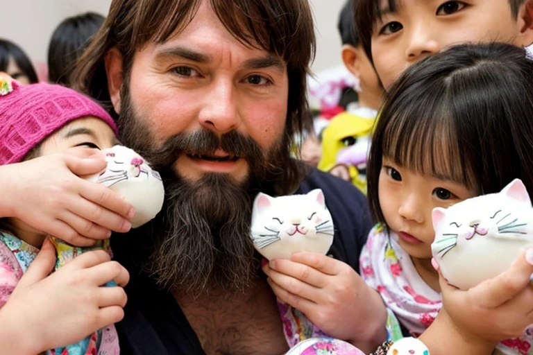 bearded macho man is eating cat-shaped mochi, surrounded by many girls and boys who are his daughters and their boyfriends, 9+boys, 9+girls, (mount fuji:1.3)