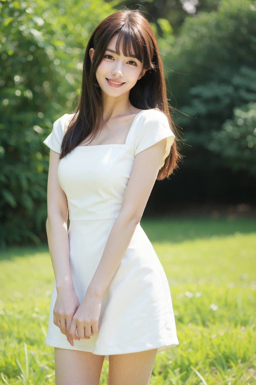1girl, solo, outdoors, long hair, dress, white dress, looking at viewer, head tilt, brown hair, realistic, brown eyes, blurry, blurry background, short sleeves, standing, smile, day, photo background, grass, bangs, lips, field, own hands together,
pointy breasts,framed breasts