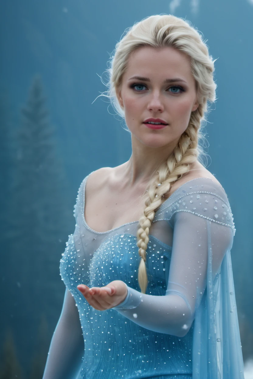 elsa of arendelle casting magical spell, ice and snow, wearing blue dress, at vancouver, canada <lora:Elsa_XL:0.8> . 35mm photograph, film, bokeh, professional, shot by anton corbijn, 4k, highly detailed
