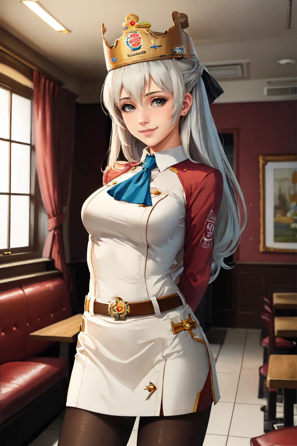 (masterpiece, best quality:1.2), solo, 1girl, elie macdowell, smile, looking at viewer, arms behind back, bkcrown, crown, long sleeves, blue ascot, pantyhose, belt, indoors, restaurant <lora:elie-nvwls-v2-zero:0.8> <lora:attire_burgerkingcrown-17:1>