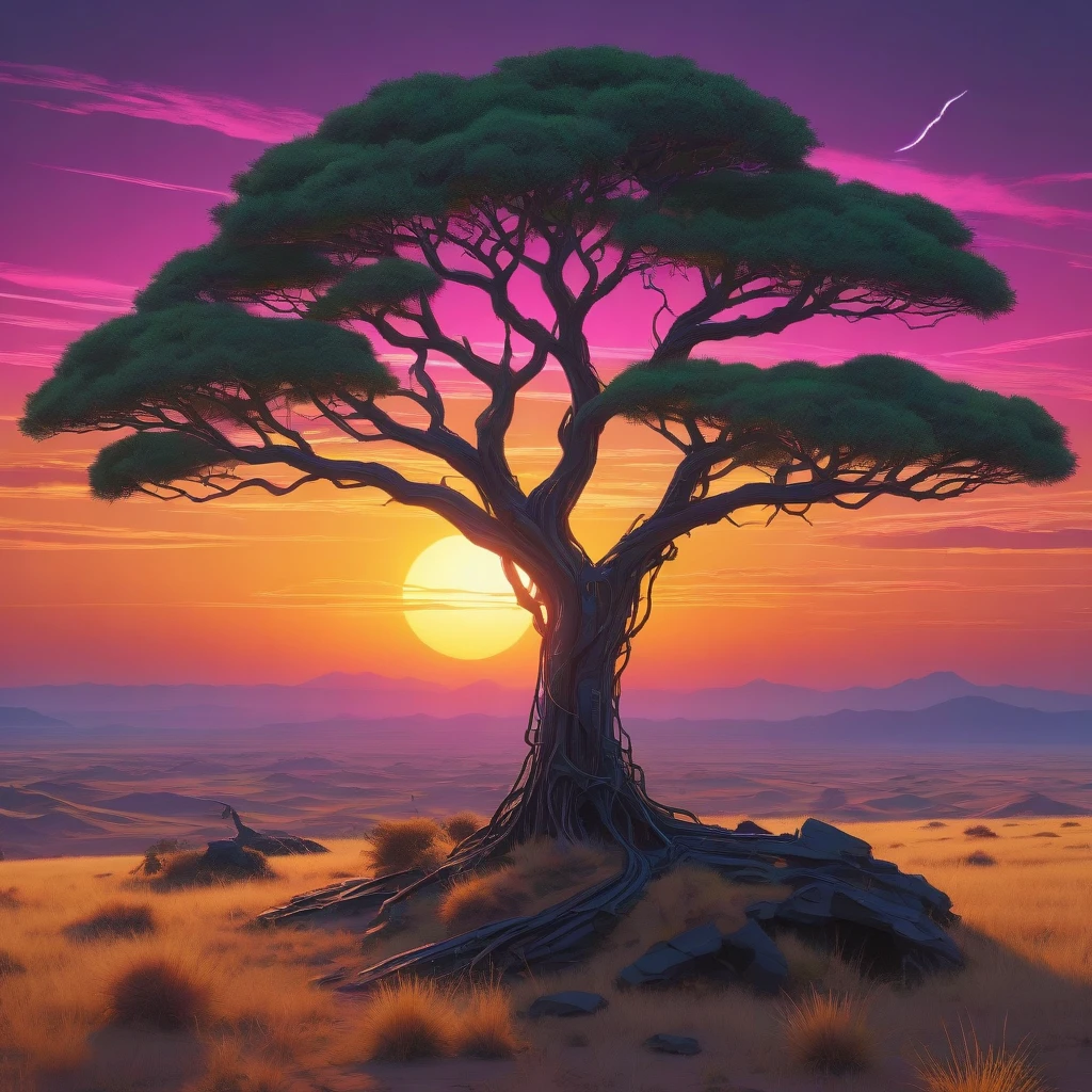 (masterpiece stylized dramatic close up of:1.1) (futuristic Neon cyberpunk synthwave cybernetic :1.3), On a plateau overlooking a vast savannah, a lone tree stands, its branches stretching wide. Beneath its shade, wildlife gathers, and the setting sun paints the scene with golden hues.