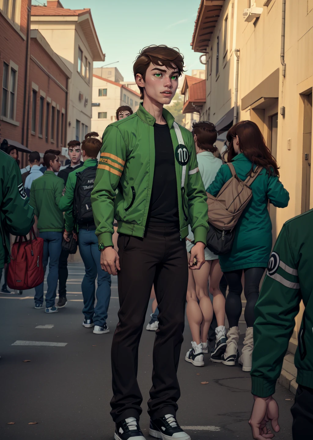 <lora:benuaf:0.9> benuaf, 1boy, brown hair, full body, masterpiece, best quality, green jacket
college campus, aliens