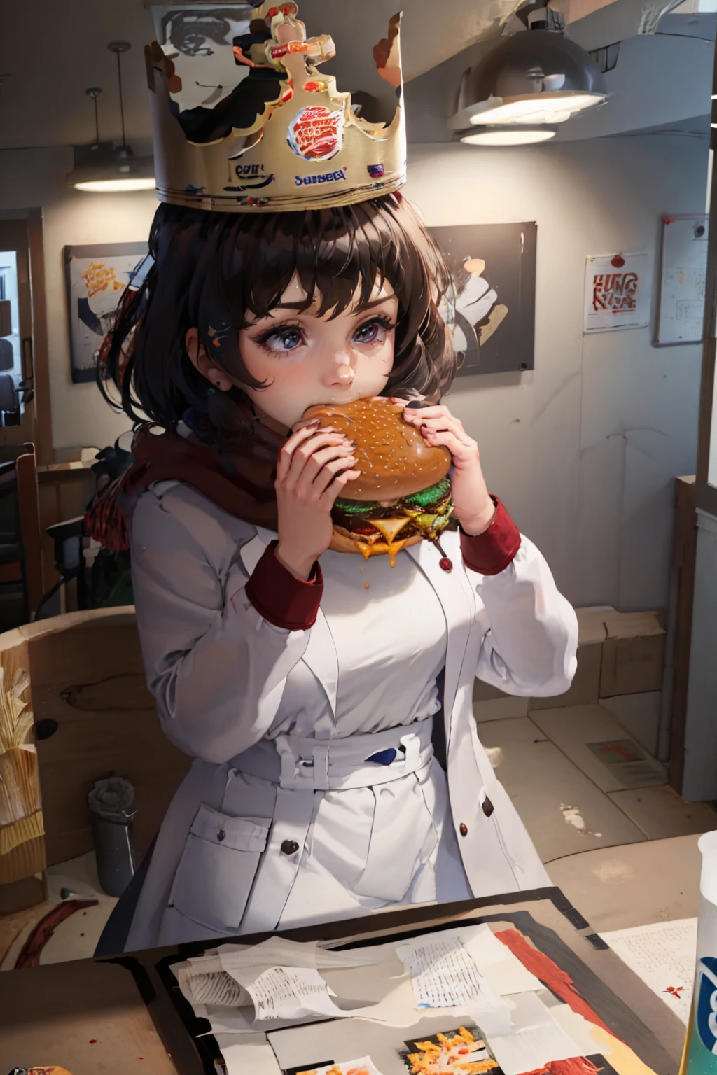 (masterpiece, best quality:1.2), solo, 1girl, bloodsplash, two-handed burger, eating, burger, bkcrown, crown, white coat, open coat, skirt, red scarf, indoors, restaurant <lora:BloodsplashOCv1:0.8> <lora:attire_burgerkingcrown-17:1> <lora:borger-nvwls-v4:0.8>