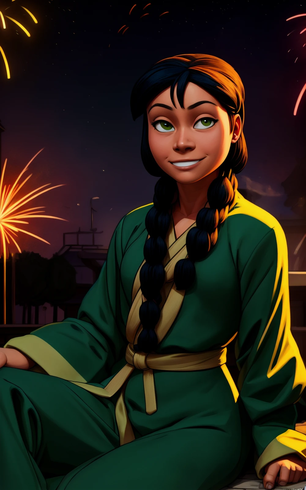8k.4k,((Best quality, masterpiece, ultra high resolution)),((full body)),sitting, by pixelsketcher, <lora:Jin:1.2>,jin long sleeves, green dress, dress, hair over shoulder, wide sleeves,braid, (twin braids),  braid,sash,green kimono,human,night,fireworks,smile