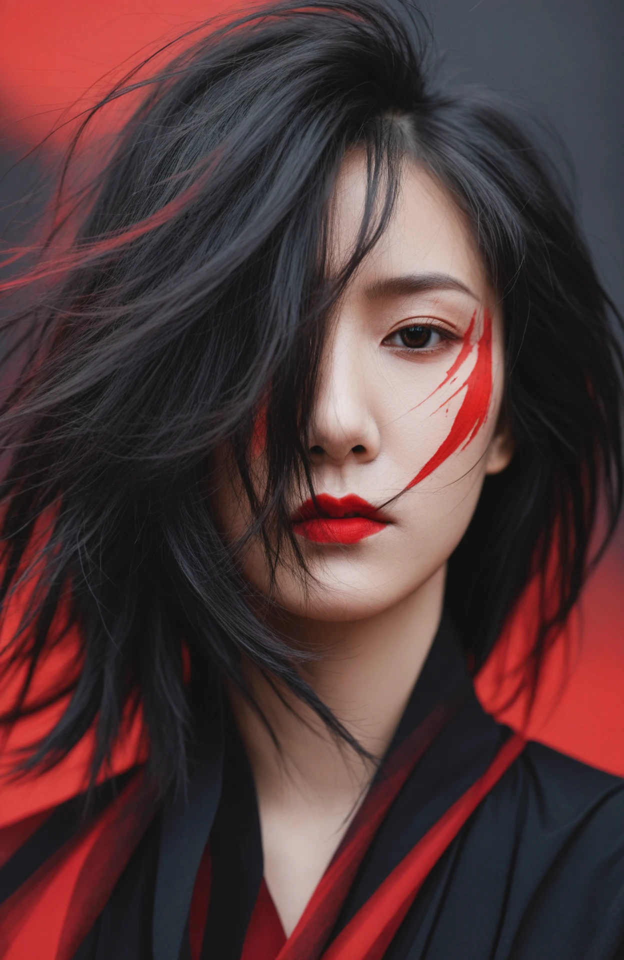 abstract female portrait,undefined hair,red and black color palette,blurred boundaries,upper body,fragmented visual style,evokes feelings of rebellion and passion,