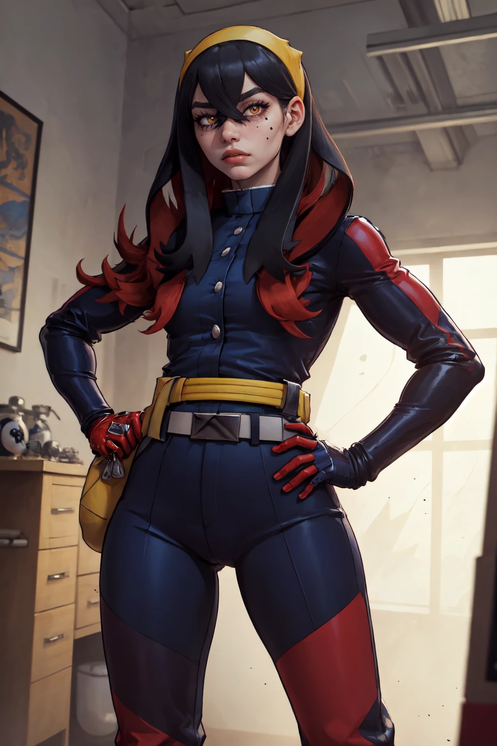 (masterpiece, best quality:1.2), solo, 1girl, pokemoncarmine, expressionless, looking at viewer, mole under eye, hairband, blue jacket, long sleeves, red gloves, pants, belt, <lora:pokemon_carmine-10:1>