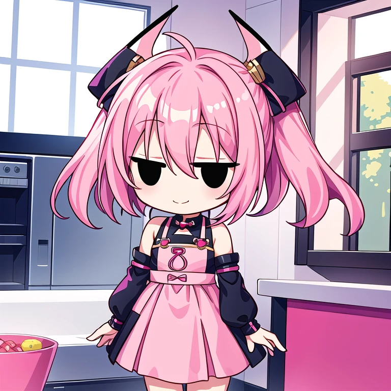 <lora:hotarueye_jitome4_v100:0.8>, 1girl, (chibi:1.4), smile, closed mouth, upper body, standing, , pink hair, indoors