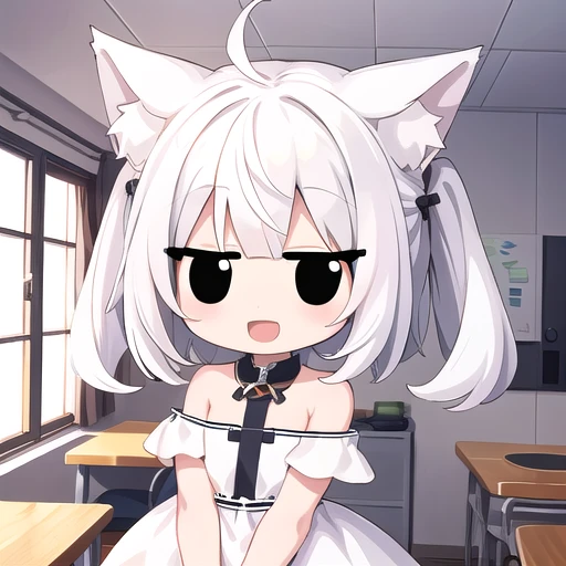 <lora:hotarueye_jitome4_v100:0.8>, 1girl, (chibi:1.4), smile, open mouth, upper body, standing, animal ear, white hair, indoors