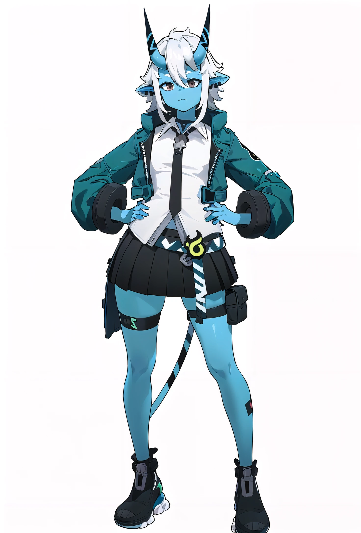 8k, best quality, masterpiece, (ultra-detailed:1.1), (high detailed skin),
(full body:1.2), white background, standing, looking at viewer, (solo:1.4), hand on hip,
<lora:cangjiao-v100:0.9:lbw=OUTALL>, cangjiao, 1girl, horns, skirt, necktie, jacket, tail,
(white background, simple background:1.5),
(beautiful_face), ((intricate_detail)), clear face,
((finely_detailed)), fine_fabric_emphasis,
((glossy)), full_shot