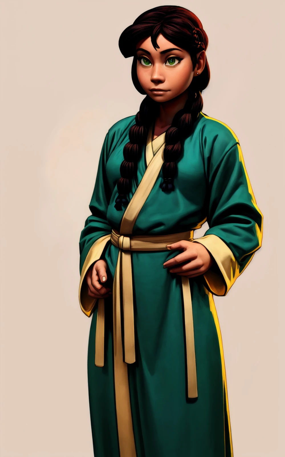 8k.4k,((Best quality, masterpiece, ultra high resolution)),((full body)),standing, by pixelsketcher, <lora:Jin:1.2>,jin long sleeves, green dress, dress, hair over shoulder, wide sleeves,braid, (twin braids), braid,sash,green kimono,human,white background