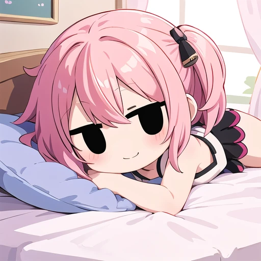 <lora:hotarueye_jitome4_v100:0.8>, 1girl, (chibi:1.4), smile, closed mouth, dynamic angle, lying on bed, , pink hair, indoors