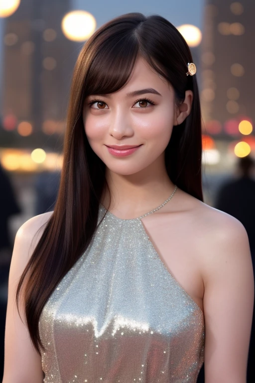 1girl,(wearing a sleeveless glittery evening dress:1.2),(RAW photo, best quality), (realistic, photo-realistic:1.4), masterpiece, an extremely delicate and beautiful, extremely detailed, 2k wallpaper, Amazing, finely detail, extremely detailed CG unity 8k wallpaper, ultra-detailed, highres, soft light, beautiful detailed girl, extremely detailed eyes and face, beautiful detailed nose, beautiful detailed eyes,cinematic lighting,city lights at night,perfect anatomy,,smiling <lora:hashimotokanna_lora:0.8>