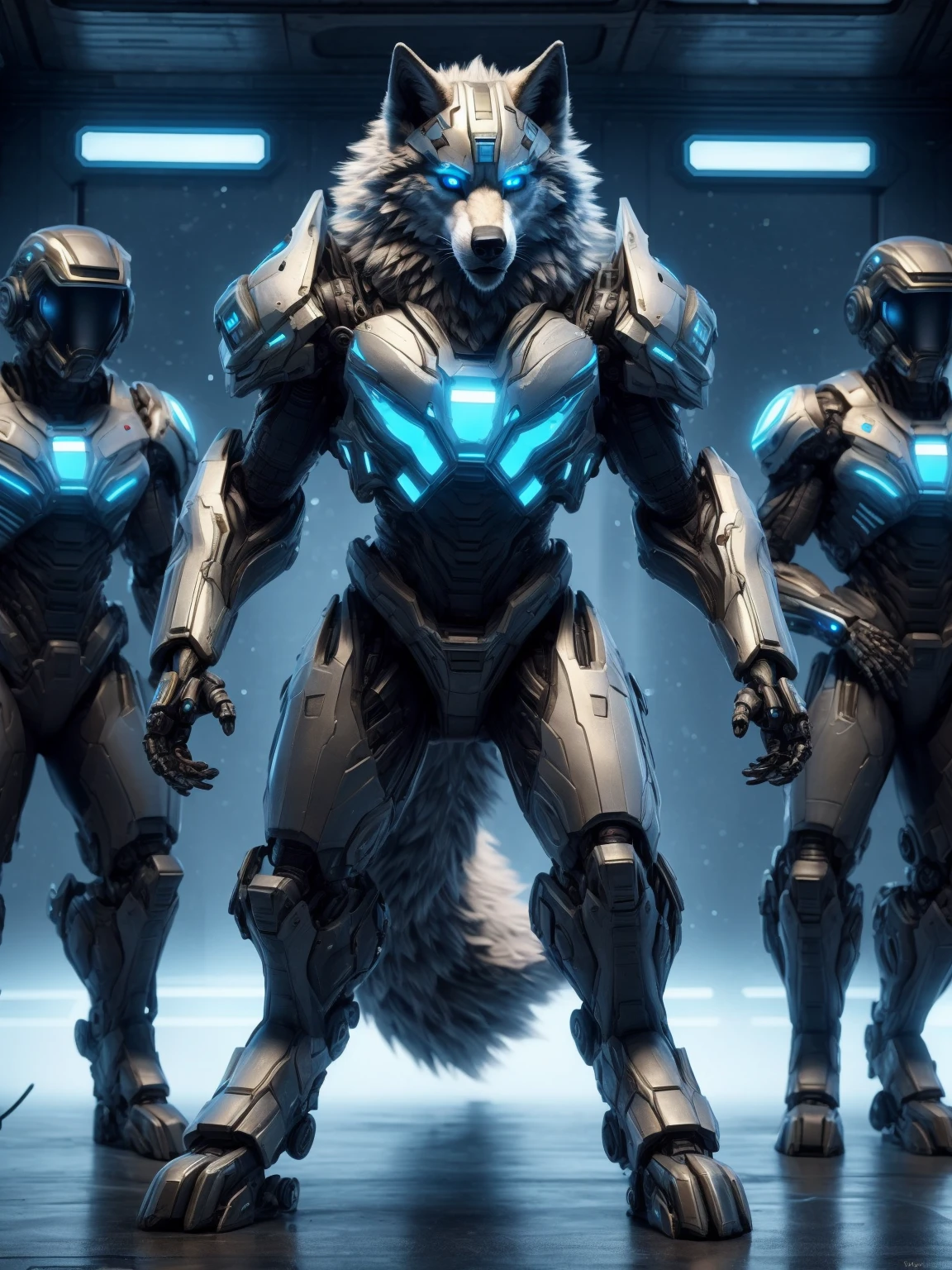 male, solo, wolf, photorealistic, scifi, mammal, group, machine, anthro, armor, male, human, helmet, weapon, robot, hi res, science fiction, ranged weapon, blue eyes, canine, canid, gun