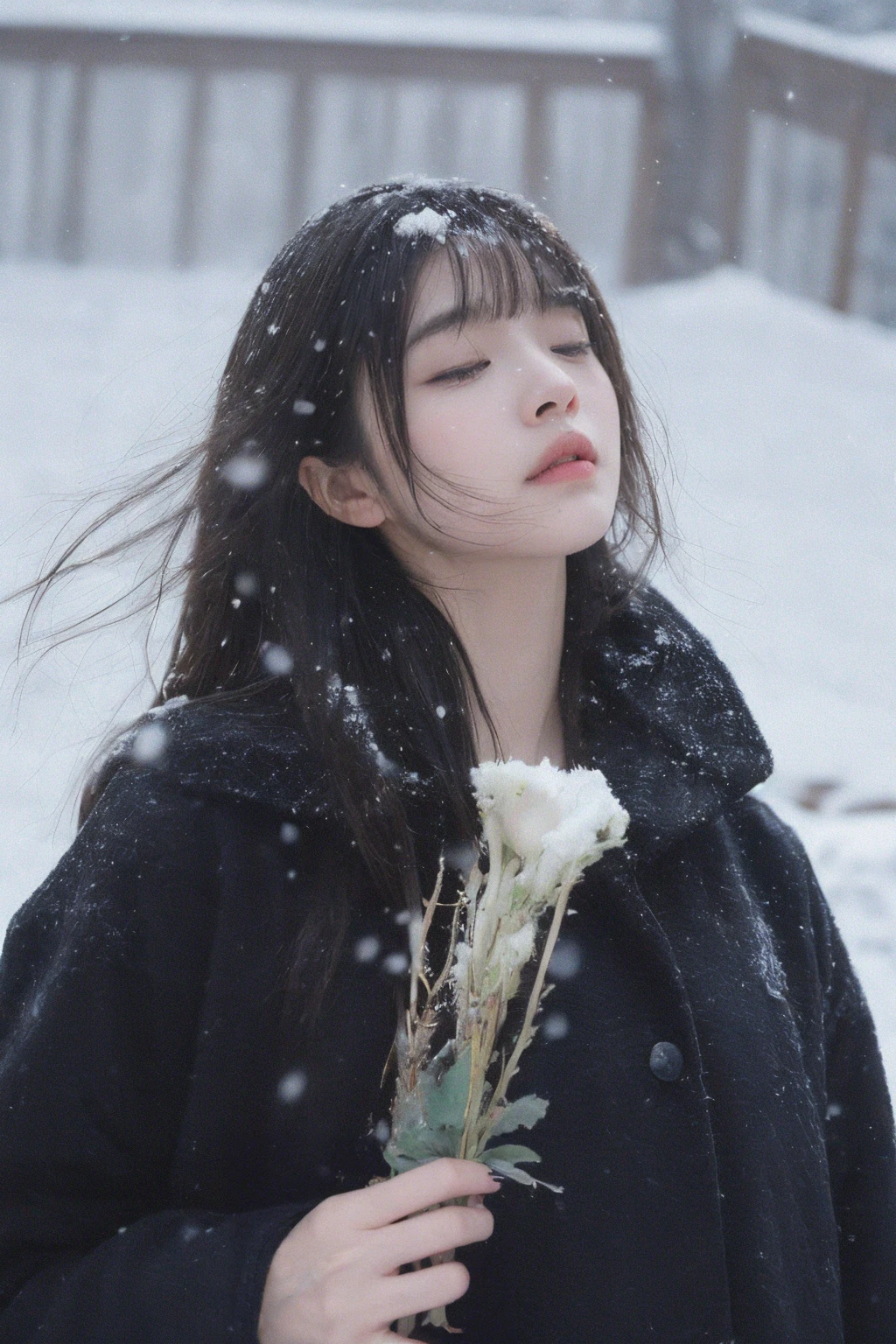 a girl with short hair in a black coat was standing in the snow,look up,the breeze stirred the hair,heavy snow,snowing,<lora:MengX girl_Mix_V40:0.9>,depth of field,telephoto lens,messy hair,((close-up)),((sad)),sad and melancholy atmosphere,reference movie love letter,profile,looking up,(face focus),((floating hair)),bangs,eyes focus,half closed-eyes,central composition,from below,