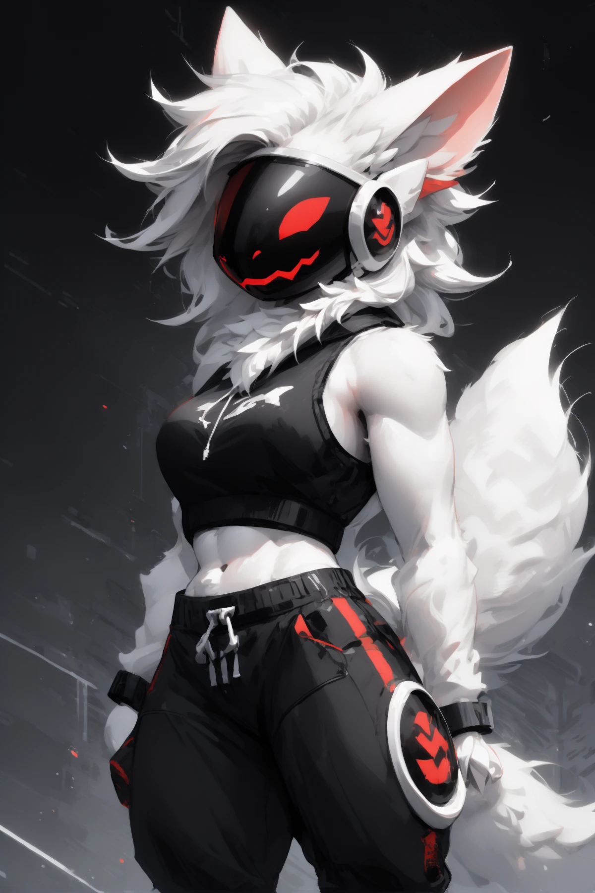(protogen:1.4),
light brown hair spiky, ,
good face, gorgeous eyes, portrait,
long fluffy tail, smiling,
ager, (musculegs:1.1), very expressive face,
long fluffy tail,
furry,
(Indie:1.6), good face, portrait, looking at viewer,
(out-of-frame censoring style:1.3),
(:1.3),
(monocolor red, red eyes:1.2),
(white furs, white hairs:1.3)
,
3/4 view, three-quarter view,
,
,
,
,
(sleeveless shirt:1.2),
sexy pose,
oniric, calm, peaceful,
(female:1.2), cropped hoodie, croptop, wavy (long hairs:1.2), sexy pose, cute, girl, woman
,
musculegs,
,
large techwear pant,
BREAK,
(best quality, high quality:1.4),
good colors,
,
,
<lora:vrcfurry_v43-000021:0.70> <lora:GachaSplash4:0.35> <lora:fluffyrock-quality-tags-v3.0-vpred:1> <lora:hd_helper_v1:0.01> <lora:niji_wushi:0.15> <lora:starlight:0.6> <lora:TailsFixer:0.8>