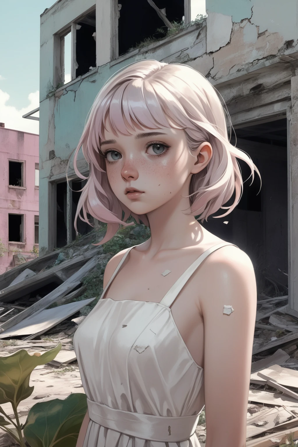 (realistic),1girl,(upper body:1.4),face , white dress, outdoors,pastel color, debris, abandoned buildings, plants,
