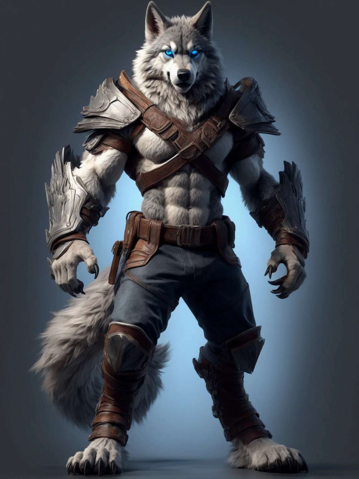 (character_design), concept art, model sheet, anthro, canid, mammal, canine, solo, armor, male, wolf, fur, claws, canis, hi res, standing, fingers, blue eyes, muscular anthro, muscular, were, clothing, muscular male, werecanid, 5 fingers, white body, digital media (artwork), simple background, white fur, black nose, grey body, front view, biped, pauldron, grey fur