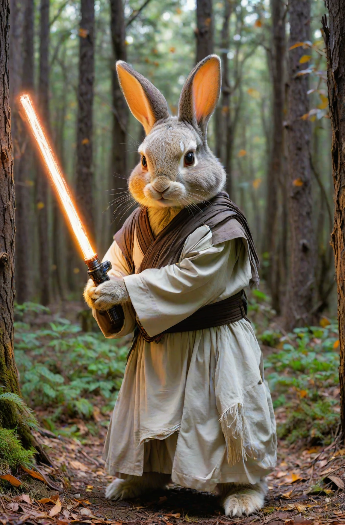 a highly detailed photograph of a rabbit jedi standing with a orange lightsaber glowing in the forest