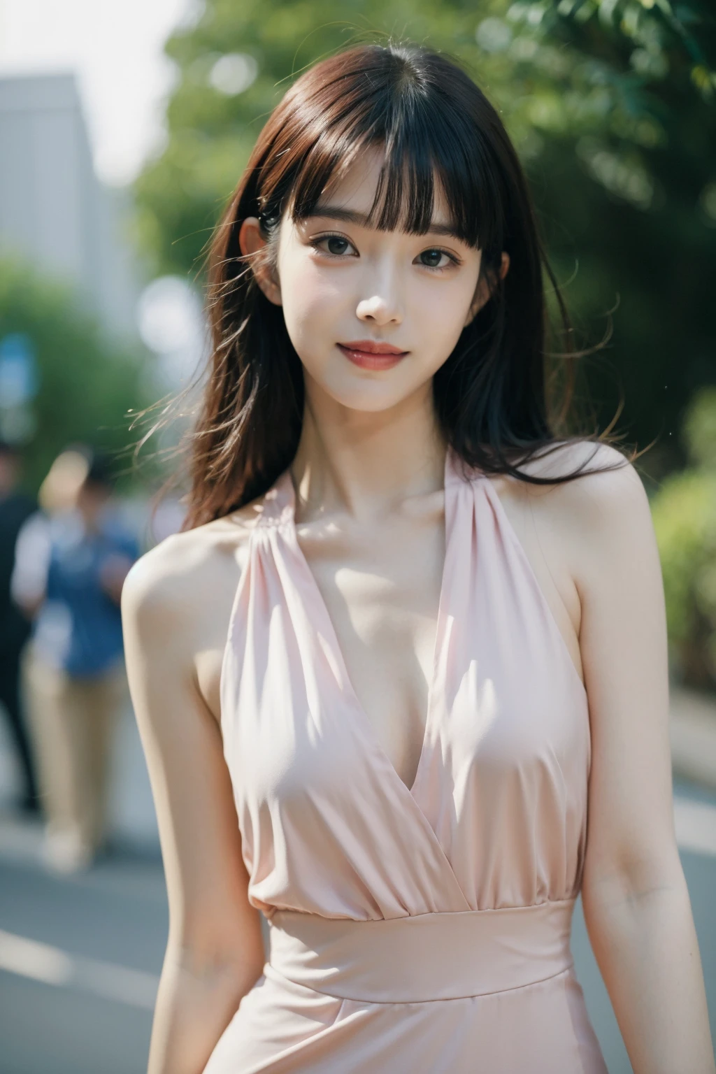long hair, jewelry, 1girl, looking at viewer, blurry, solo focus, bangs,Dresses,Oblique Angle of view,