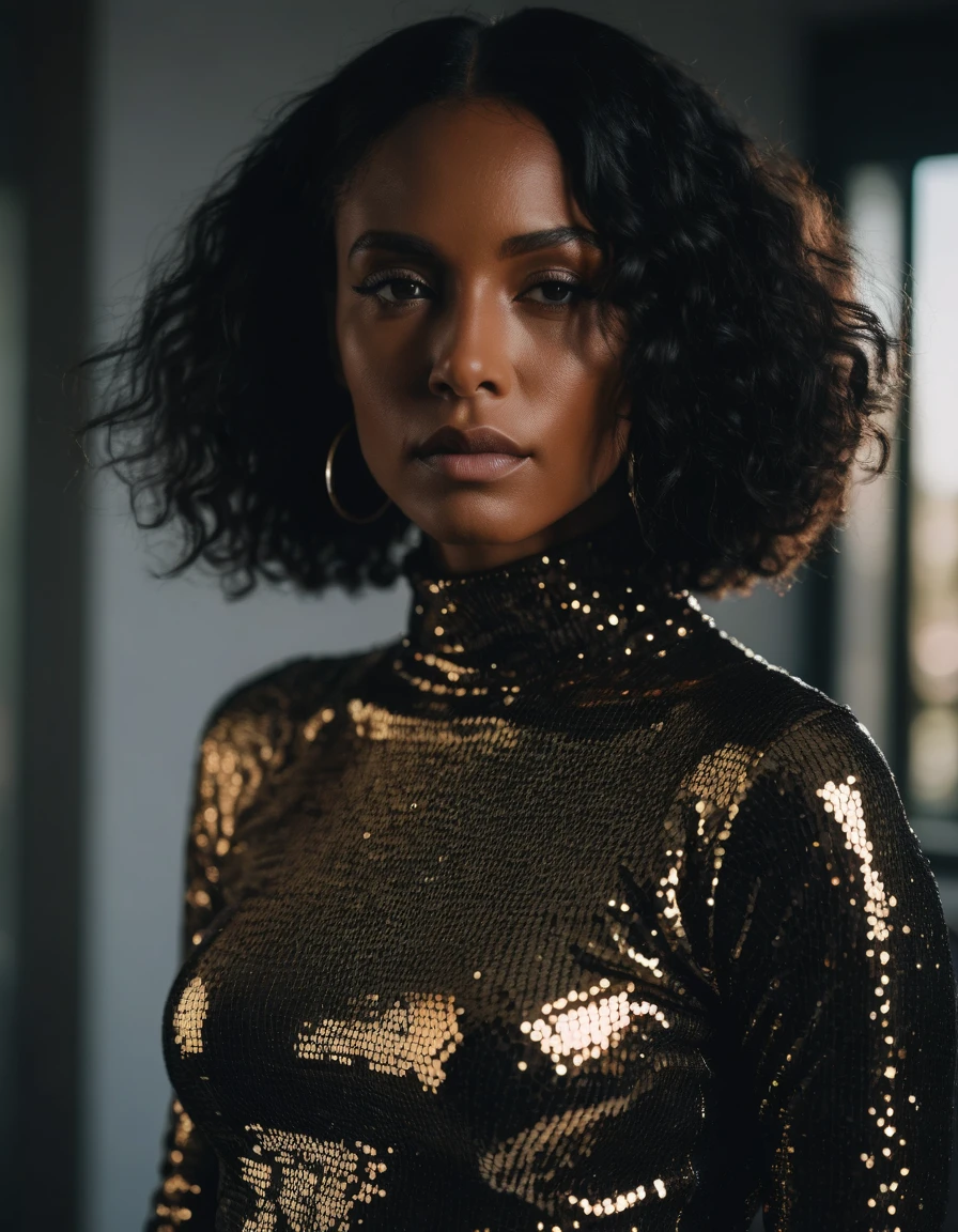 a character photo portrait of a Barbadian woman with brunette hair Wearing a modern, cut-out turtleneck sweater with a sequined midi skirt., unsplash, light and space, dramatic light on face, realistic face moody lighting, light falling on face