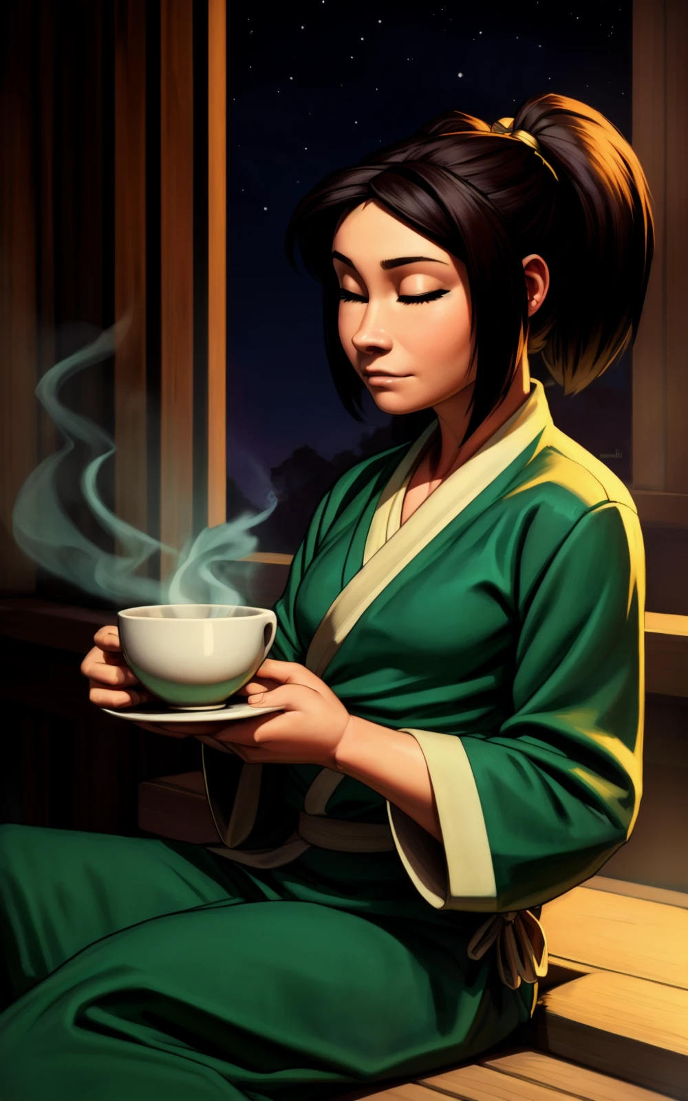 8k.4k,((Best quality, masterpiece, ultra high resolution)),((full body)),sitting, by pixelsketcher, <lora:Jin:1>,jin, long sleeves, green dress, dress, wide sleeves, Ponytail,sash,green kimono,human,night,holding tea cup, eyes closed,vapor,