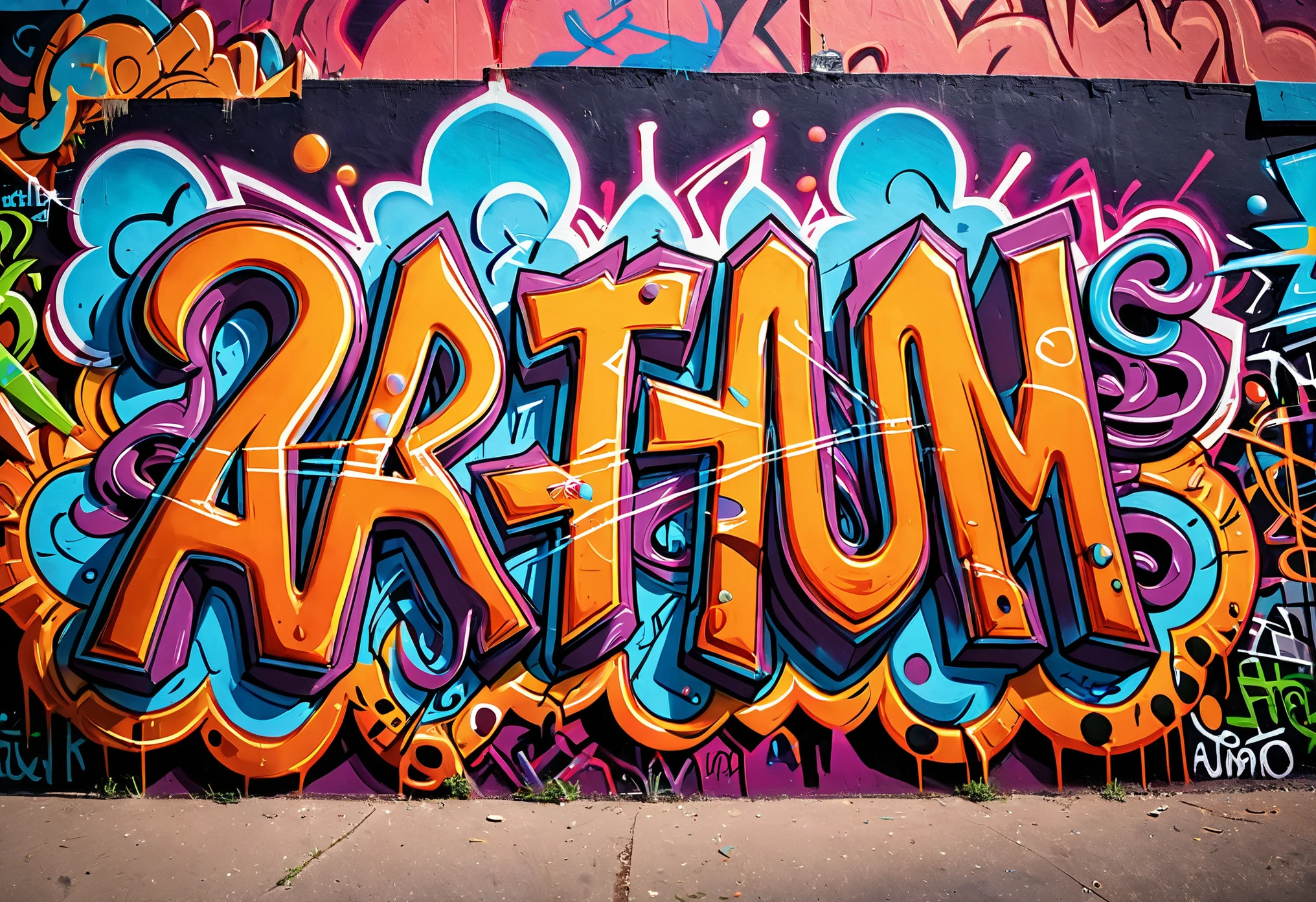 Vibrant street art, creative multidimensional ((graffiti of the word "ARTIUM"):1.2), insane intricate detail, award winning art, raytracing, sharp focus, 8k, hdr, masterpiece, photography, dslr, kodachrome, 35mm photograph, analog film, professional, highly detailed, vibrant and colorful grafiti, photorealism