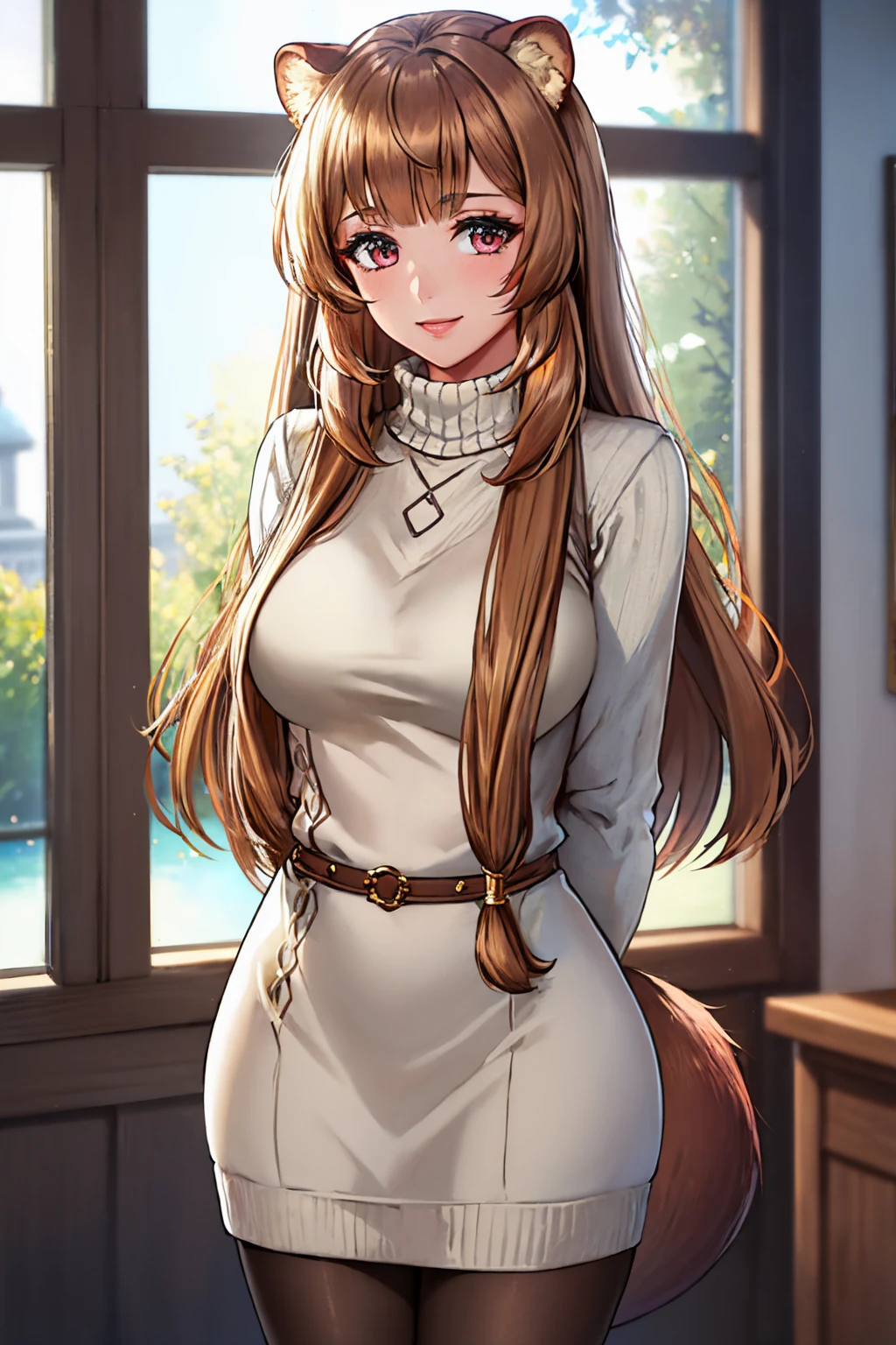 (masterpiece, best quality:1.2), solo, 1girl, raphtalia, smile, looking at viewer, arms behind back, sweater dress, turtleneck, pantyhose, raccoon tail, indoors <lora:shieldhero_raphtalia_v2-17:1>