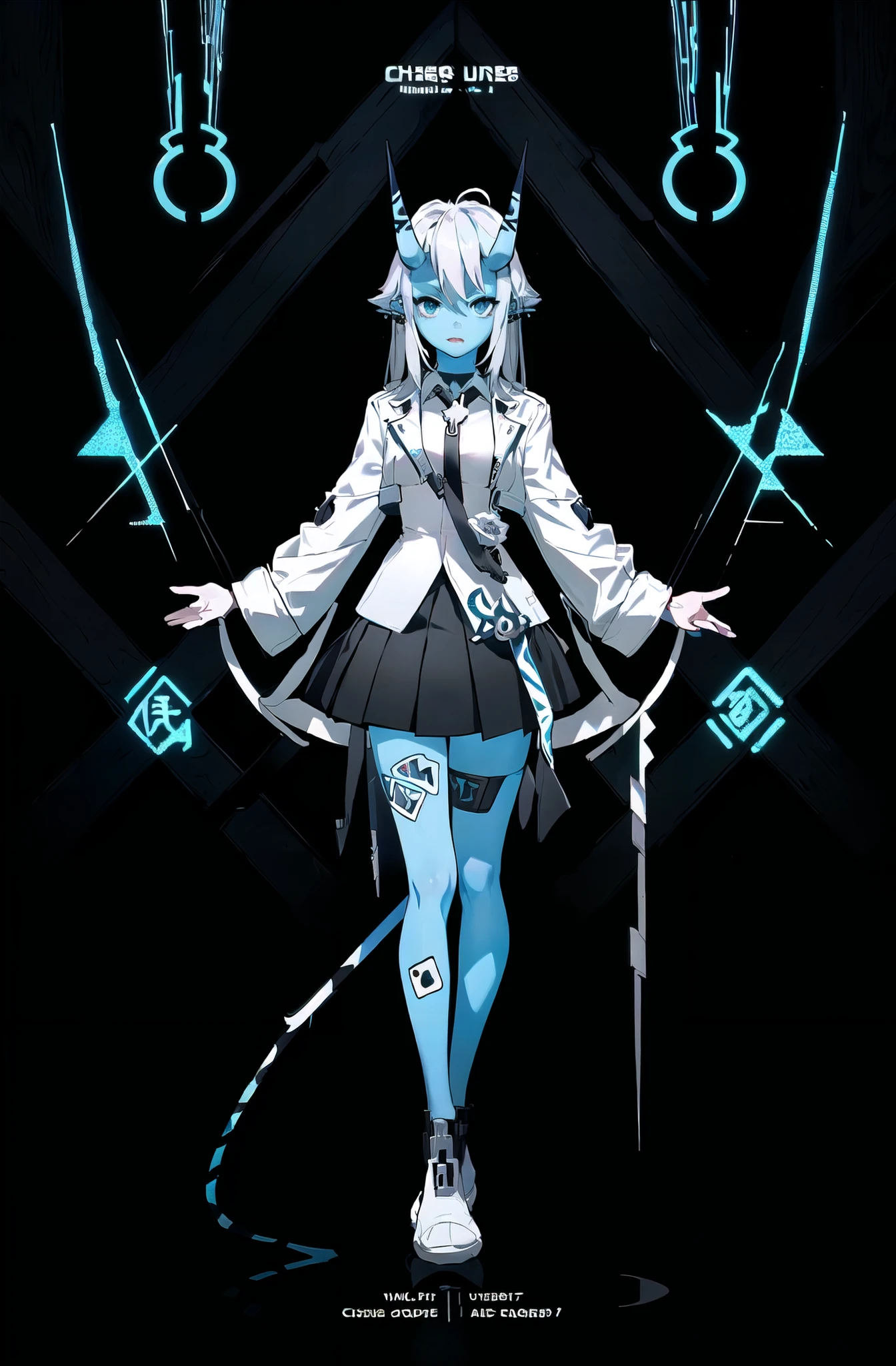 simple_black_background, black and white theme, Sense of coordination, sense of order, mathematics beauty, (((cover design))), (((((cover art))))), ((trim)), album_art, official art, (Master's work), 
<lora:cangjiao-v100:0.9:lbw=OUTALL>, cangjiao, 1girl, horns, skirt, necktie, jacket, tail, 
girl, perfect_detal_girl, cute_girl, chess girl, pretty, long hair, (((delicate and beautiful eyes))), cute_eyes, looking at viewer, cute face, pretty facenavel, perfect body, body art, standing on chessboard, beautiful pose, 
chessboard, chess, white geometry, black geometry, reflection, crystal_art, pattern_design, creative, Mystery pattern, black crystal decorate, black crystal, (architectural art), ((geometric art)), pattern design, creative, 
------, 
Low saturation, grand masterpiece, Perfect composition, film light, light art