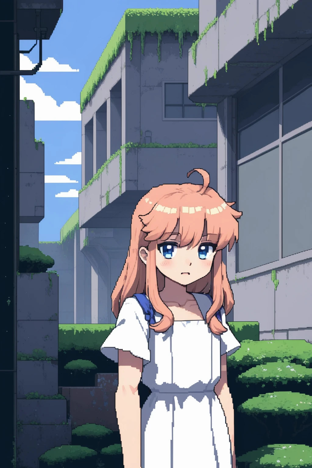 (game,8bit,pixel art:2),anime,1girl,(upper body:1.4),face , white dress, outdoors,pastel color, debris, abandoned buildings, plants,
